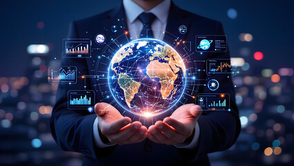 Businessman holding the digital globe illustrating global network connectivity and data analysis