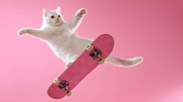 White cat performing a skateboard trick in mid-air with a pink skateboard, playful and energetic on a pink background. Concept of fun, youth, and pet talent.