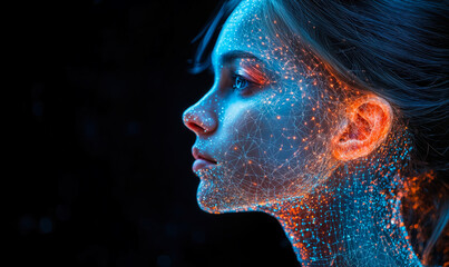 Profile of young woman with digital network light connections overlay glowing on face and neck representing human and artificial intelligence integration concept in dark background