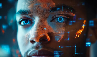 Close-up portrait of man with digital data overlay and blue futuristic eye interface analyzing biometric and facial recognition technology