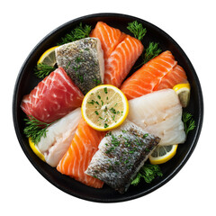 assorted fish fillets in black bowl isolated on white