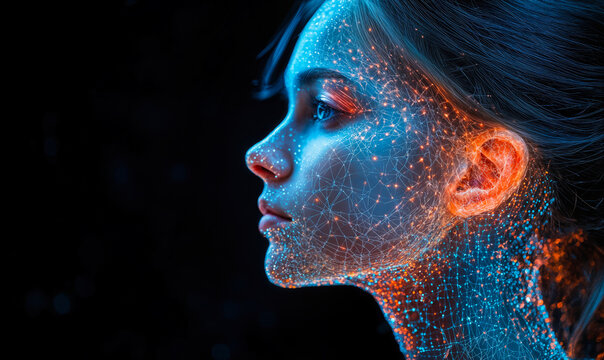 Profile of young woman with digital network light connections overlay glowing on face and neck representing human and artificial intelligence integration concept in dark background - Powered by Adobe