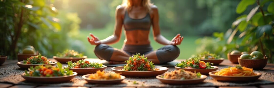 Woman meditates in lotus position outdoor, surrounded by vegetarian dishes, fruit. Mental health, mindful eating promoting peace. Focus on healthy lifestyle, wellness, zen atmosphere, self-care, yoga - Powered by Adobe