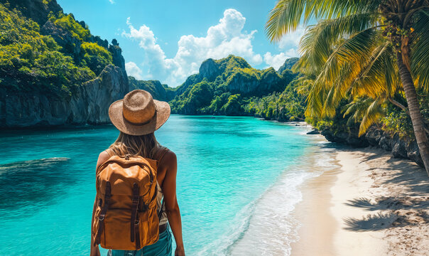 Woman traveler with backpack and straw hat exploring tropical beach with turquoise water, palm trees, and limestone cliffs under blue sky with clouds during vacation trip