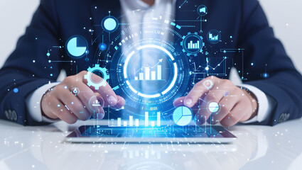 Businessman using a tablet displaying digital data analysis and business growth visualization