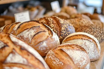 A close-up of freshly baked sourdough breads and pastries on display in the bakery, highlighting their golden-brown crusts and soft textures Generative AI