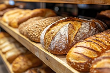 A close-up of freshly baked sourdough breads and loaves on display in the bakery, highlighting their unique textures and golden-brown crusts Generative AI