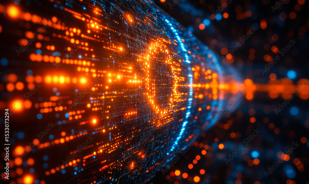Poster close-up of glowing digital data stream with orange and blue binary code particles flowing through f