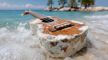 Old weathered ukulele lying in ocean surf on a sunny beach, water washing over the worn wood, vintage mood, summer and music vibes, close-up with sea and sky in background.
