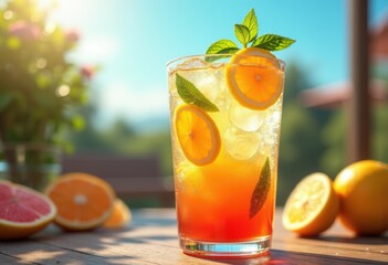 refreshing fresh citrus mocktail colorful drink garnished fruit served vibrant glass, orange, lemon, lime, beverage, cocktail, refreshment, healthy