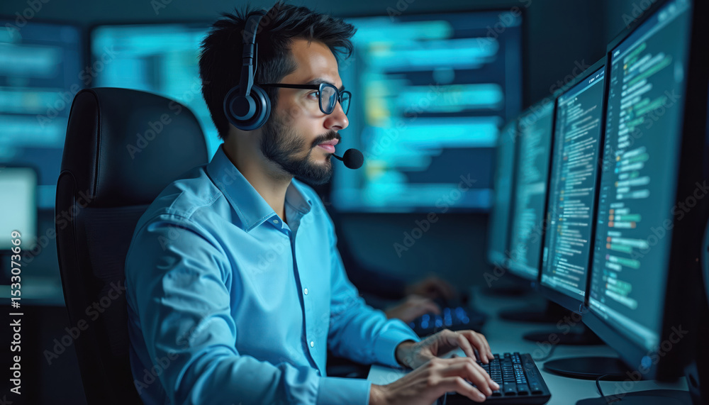 Aufkleber IT support agent at work uses diagnostic tools. Man with headset solves computer issues at workplace. Technician working on desktop, monitor screens, solving tech problems.