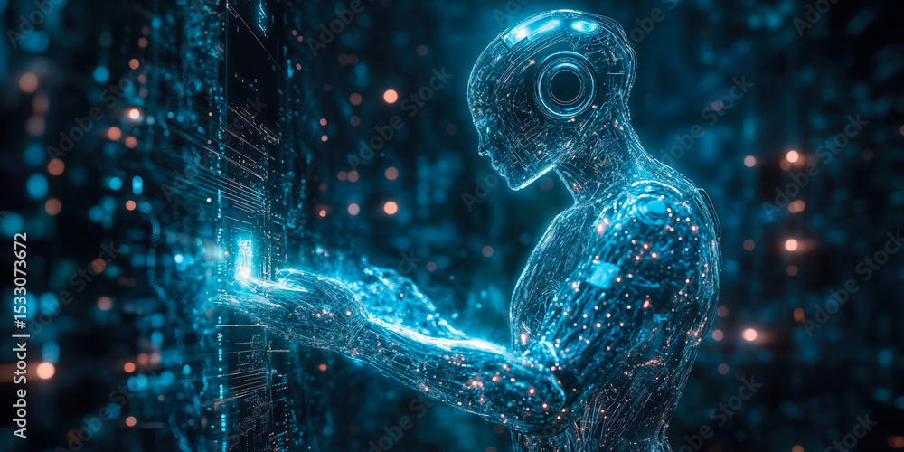 Poster futuristic translucent robot interacting with glowing digital holographic interface in dark high-tec