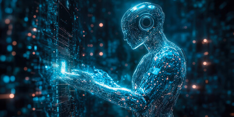 Futuristic translucent robot interacting with glowing digital holographic interface in dark high-tech virtual environment with blue data streams and light particles
