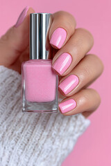 Hand with light skin tone holding pink nail polish, glossy pink manicure, soft knitted sweater, and matching pastel background. Beauty, fashion, elegance and self-care concept.