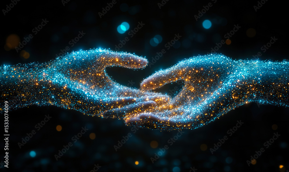 Aufkleber digital glowing particle hands reaching towards each other with blue and orange lights abstract conn