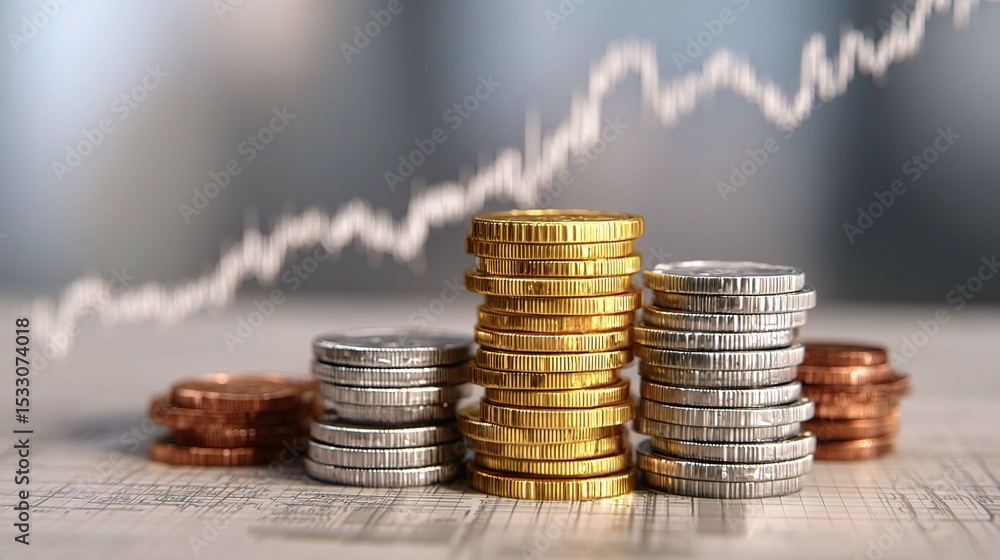 Poster Stacked 3D Render of Mixed Currency Coins with Blurred Background