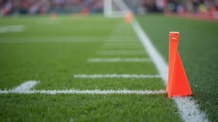 Field goal marker placed on the football field sideline, green grass, clear markings, ready for game action.

