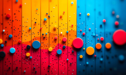 Abstract colorful 3d spheres and small particles arranged on vertical striped background in gradient orange blue red tones with depth of field effect digital art composition