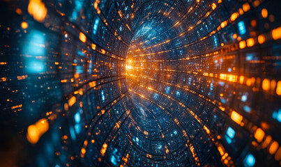 Abstract digital tunnel with glowing blue and orange lights representing futuristic data flow and cyber technology network visualization concept