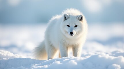 A fluffy white polar fox in its snowy natural habitat, captured in daylight, representing Arctic wildlife and winter environment.

