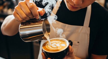 Male barista pouring steamed milk to make latte art. Homemade coffee preparation. Restaurant or cafe business concept.