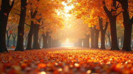 beautiful autumn park with orange falling leaves