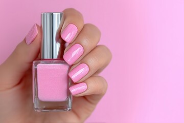 Hand with light skin tone holding pink nail polish, matching shiny manicure and background. Beauty, fashion, elegance and self-care concept.