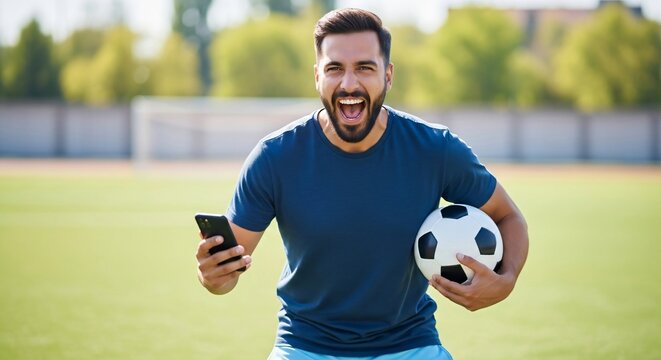 Excited man football fan celebrating victory with smartphone and ball on stadium. Sports betting and online score concept.