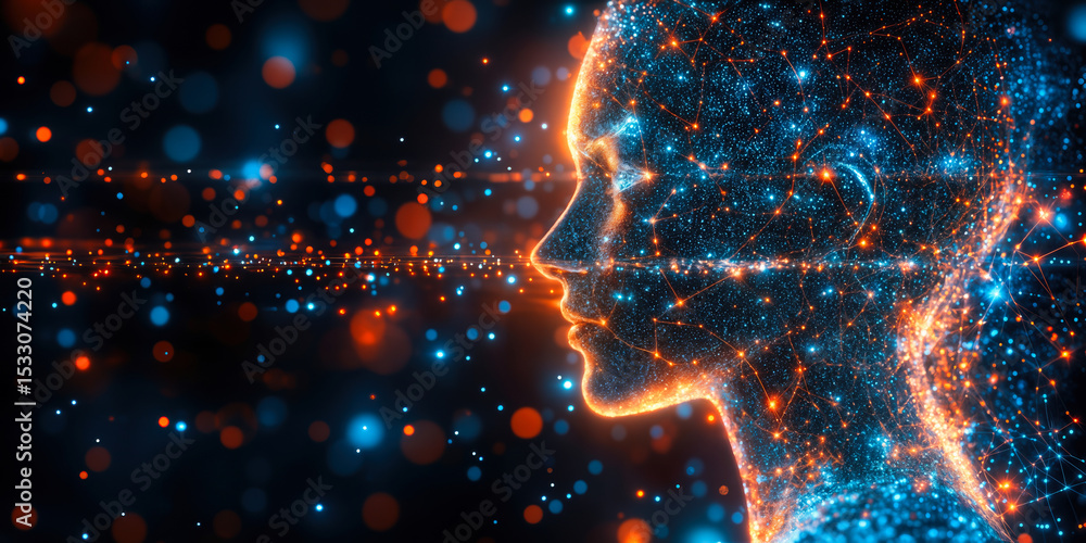 Poster digital human profile composed of glowing network connections and data points symbolizing artificial