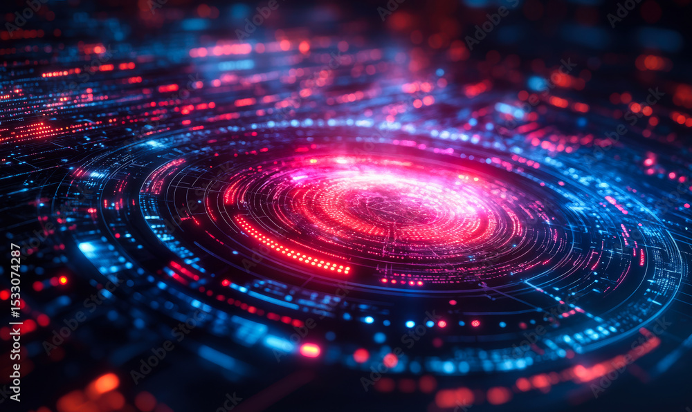 Poster abstract futuristic digital interface with glowing red and blue circular data visualization and tech