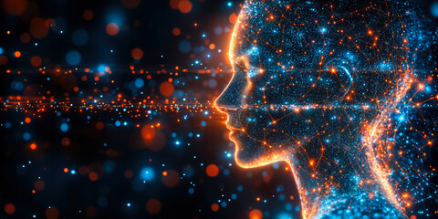 Digital human profile composed of glowing network connections and data points symbolizing artificial intelligence and advanced technology concepts in blue and orange colors