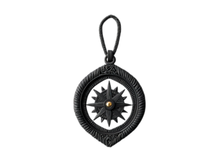 Intricate black compass pendant with a golden centerpiece, symbolizing adventure and direction.