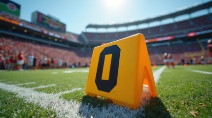 Field goal marker on the sideline, crowd and stadium visible in the background, capturing game day energy.

