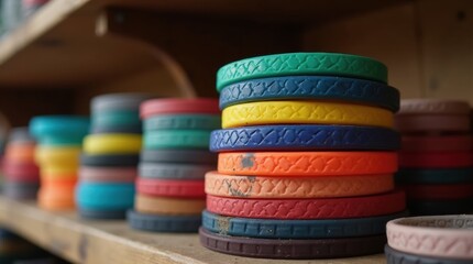 Stacked colorful wristbands on a rustic wooden shelf, close-up, creating a casual and sporty accessory display.

