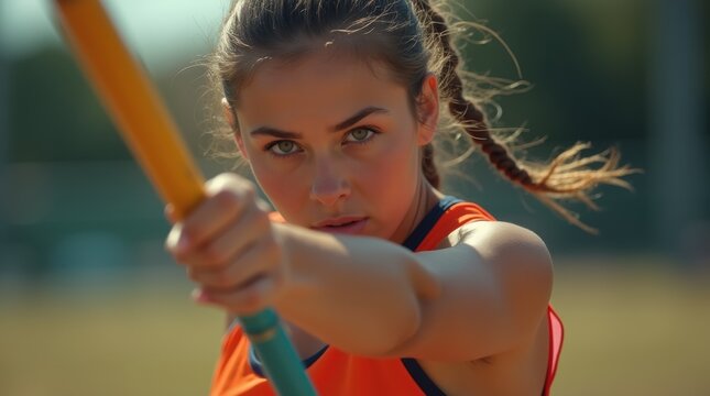 Close-up of a woman readying to throw a javelin, intense focus, vibrant athletic wear, strong sports mood.

