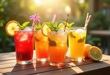 Fototapeta premium refreshing iced cocktails vibrant colors summer patio relaxation outdoor drinks, colorful, beverage, lemonade, mint, fruit, glass, sipper, style, brightness