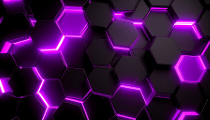 Pixel black background with purple hexagons glowing, abstract illustration. AI