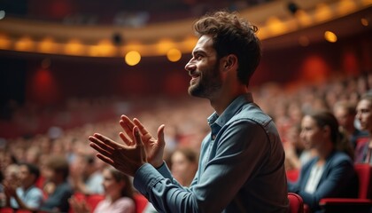 Man clapping theatre crowd. Caucasian male smiling, enjoying performance. Happy audience applauds, showing appreciation, cheering for actor, artist. Live show, theater, musical, concert. Public event.