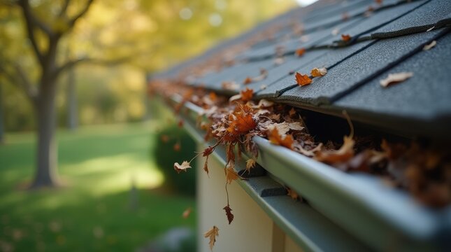 Gutters that need to be cleaned - leaf and tree debris jammed into a metal gutter attached to the roof of a house with asphalt shingles - a slow zoom close up camera movement tracking shot 