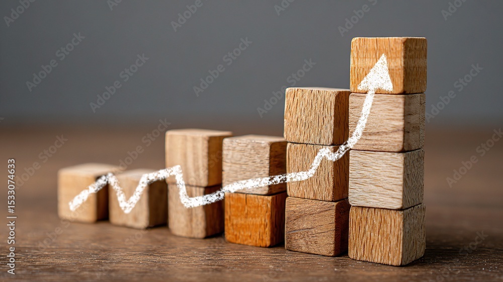Poster Wooden Cubes Arranged as Bar Graph with Arrow on Rustic Background