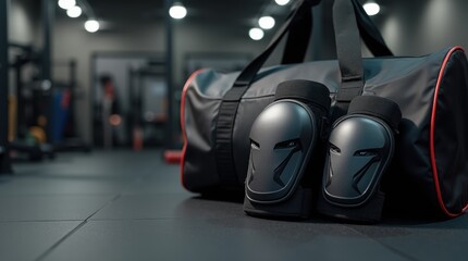 Knee pads positioned next to an open sports bag in a gym, highlighting fitness accessories and preparation.

