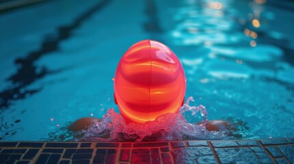 A neon swimming cap on the tiled pool rim, splashes of water nearby, creating an energetic and active swimming environment.

