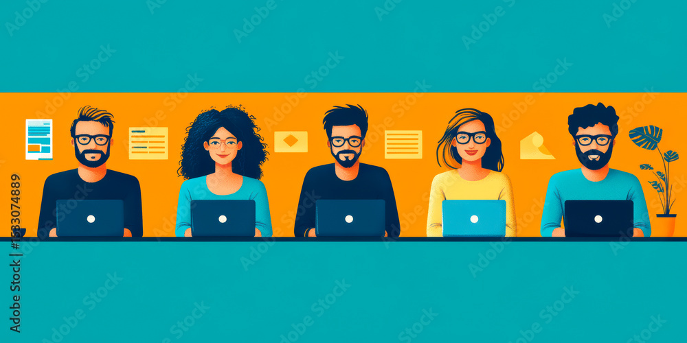 Poster diverse group of five professionals using laptops while working collaboratively in modern office wit