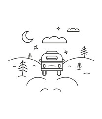 Bus at night in the forest. Black, cartoon style, print