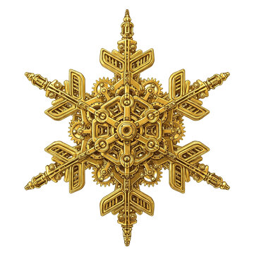 Intricate Watercolor Illustration of a Golden Steampunk Snowflake with Gears, Perfect for Fantasy Art and Industrial Decor Designs