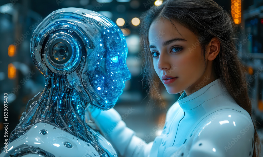 Poster futuristic human and humanoid robot face to face interaction with blue led lights in modern technolo