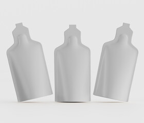 Three blank unlabeled pouches in a row against a neutral background for product packaging design...