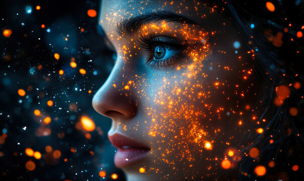 Close-up profile of woman's face illuminated by glowing orange particles and blue digital lights creating futuristic cosmic effect with intense blue eye focus