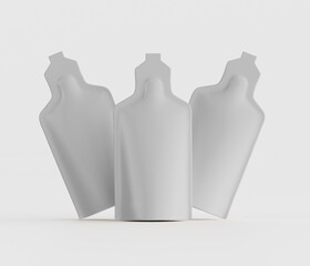Clean and minimalist rendering of several white blank food or drink pouches for packaging or product presentation on neutral background with copy space