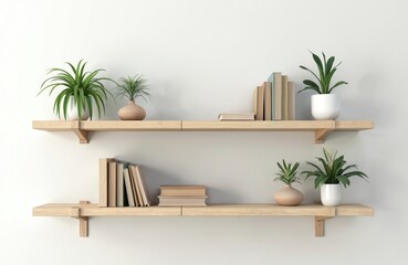 Wooden bookshelf with plants. Books, greenery, foliage and home decor. Perfect for virtual office backdrop. Interior design elements. Aesthetic zoom, skype background.